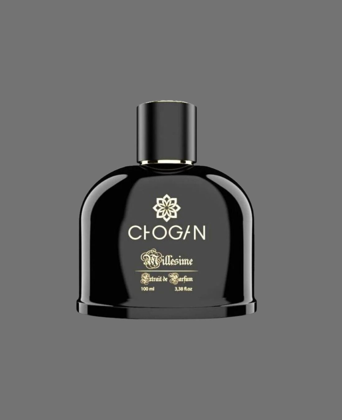 Flacon de parfum masculin Chogan Classique Millesime, extrait de parfum 100 ml, design noir élégant avec écriture dorée et bouchon doré.

